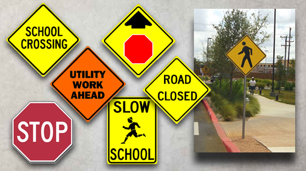 Picture Representing Various Signage For Traffic Control And Safety Signs.